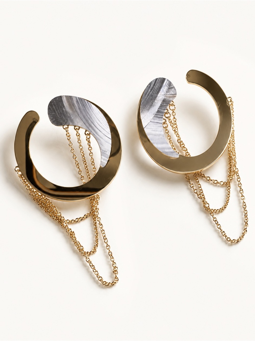 18k solid Two-Tone gold Crescent Hoop Earrings with Draped Gold Chains
